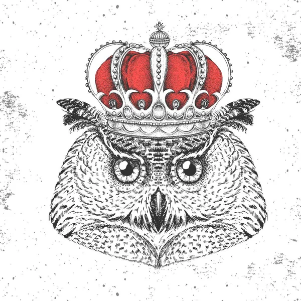 Hibou hipster en couronne. Dessin à la main Museau de chouette des oiseaux — Image vectorielle