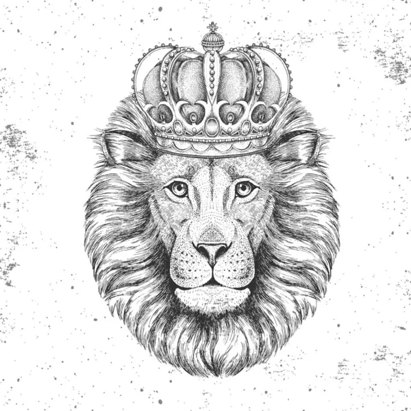 León animal Hipster en corona. Dibujo a mano Bozal de león — Vector de stock