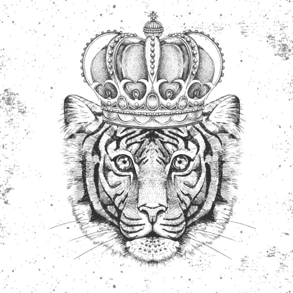 Tigre animal Hipster en corona. Dibujo a mano Bozal de tigre — Vector de stock