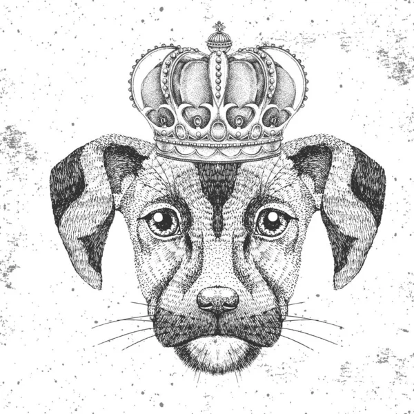 Retro Hipster dierlijke hond in de kroon. Hand tekening muilkorf van hond — Stockvector