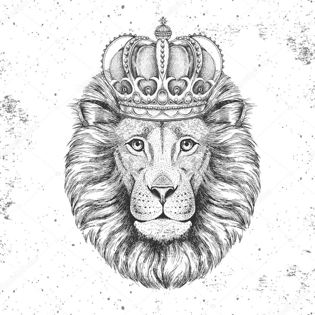 Hipster animal lion in crown. Hand drawing Muzzle of lion