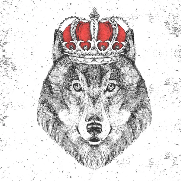 Hipster Tier Wolf in Krone. Handzeichnung Maulkorb des Wolfes — Stockvektor