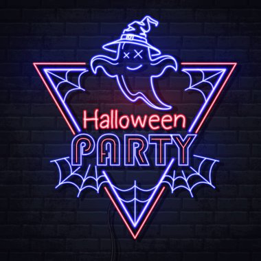 Jack-o-fener ve örümcek ağı ile Neon işareti cadılar bayramı partisi. Vintage elektrikli tabela.