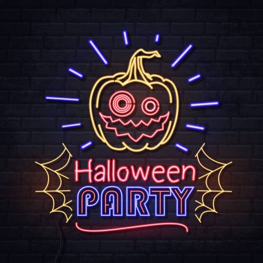 Jack-o-fener ve örümcek ağı ile Neon işareti cadılar bayramı partisi. Vintage elektrikli tabela.