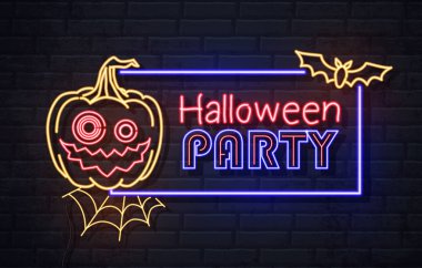 Jack-o-fener ve örümcek ağı ile Neon işareti cadılar bayramı partisi. Vintage elektrikli tabela.