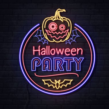 Jack-o-fener ve örümcek ağı ile Neon işareti cadılar bayramı partisi. Vintage elektrikli tabela.