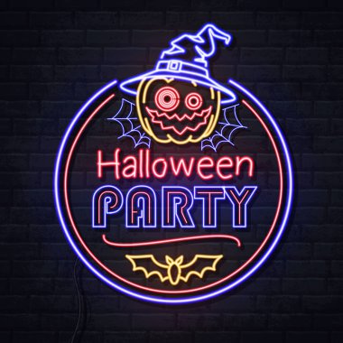 Jack-o-fener ve örümcek ağı ile Neon işareti cadılar bayramı partisi. Vintage elektrikli tabela.