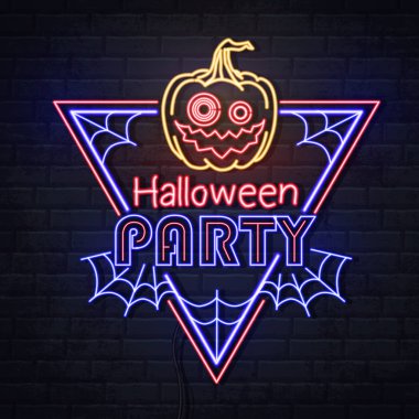 Jack-o-fener ve örümcek ağı ile Neon işareti cadılar bayramı partisi. Vintage elektrikli tabela.