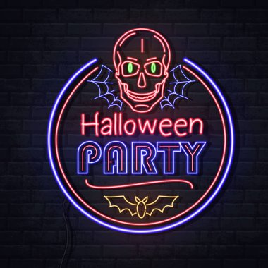 Kafatası ve örümcek ağı ile Neon işareti Cadılar Bayramı partisi. Vintage elektrikli tabela.