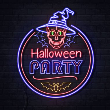 Kafatası ve örümcek ağı ile Neon işareti Cadılar Bayramı partisi. Vintage elektrikli tabela.