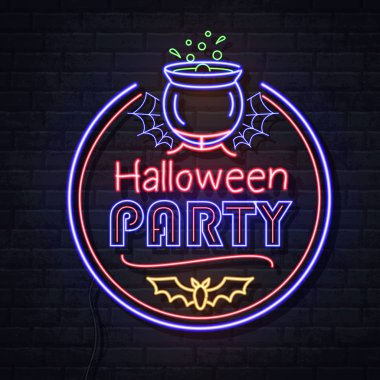 Neon, kazan ve iksirle cadılar bayramı partisini işaret ediyor. Vintage elektrikli tabela.