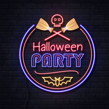 Kafatası ve wich süpürge ile Neon işareti Cadılar Bayramı partisi. Vintage elektrikli tabela.
