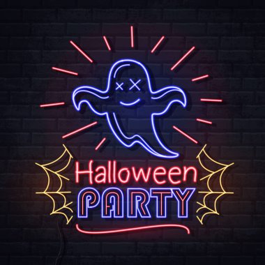 Neon hayalet ve örümcek ağı ile cadılar bayramı parti işareti. Vintage elektrikli tabela.