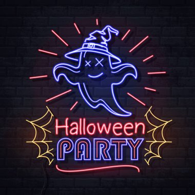 Neon hayalet ve örümcek ağı ile cadılar bayramı parti işareti. Vintage elektrikli tabela.