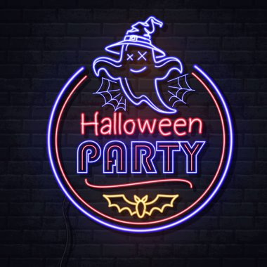 Neon hayalet ve örümcek ağı ile cadılar bayramı parti işareti. Vintage elektrikli tabela.