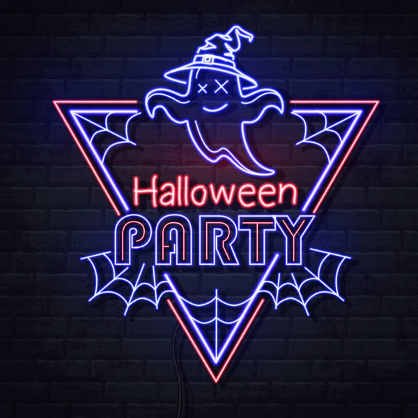 Neon sign halloween party with jack-o-lantern and spider web. Vintage electric signboard. — Stock Vector