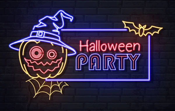 Neon assinar festa de Halloween com jack-o-lanterna e teia de aranha. Placa elétrica vintage . —  Vetores de Stock