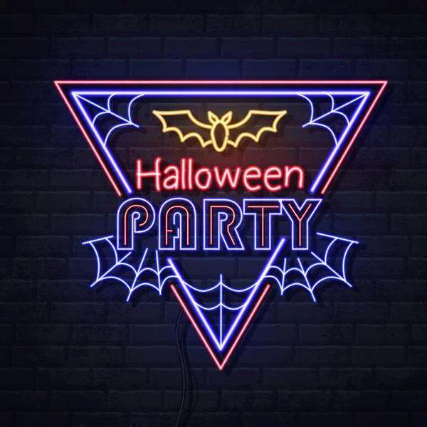 Neon assinar festa de Halloween com jack-o-lanterna e teia de aranha. Placa elétrica vintage . —  Vetores de Stock