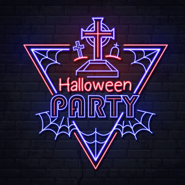 Neon sign halloween party with cemetery and spider web. Vintage electric signboard. — Stock Vector