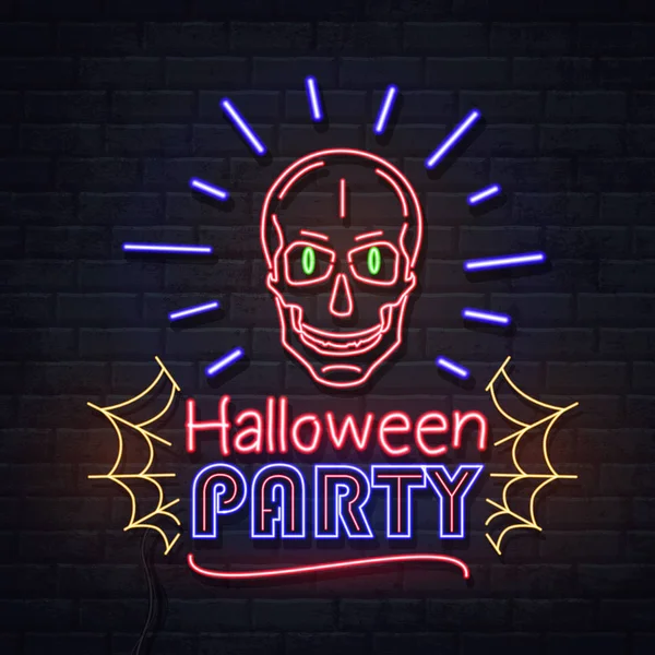 Neon teken Halloween Party met schedel en spinnenweb. Vintage elektrische uithangbord. — Stockvector