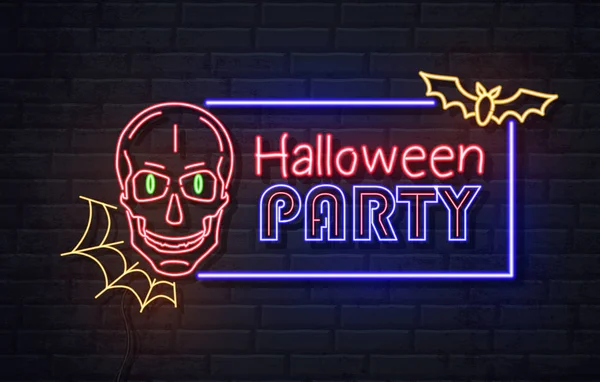 Neon assinar festa de Halloween com crânio e teia de aranha. Placa elétrica vintage . —  Vetores de Stock