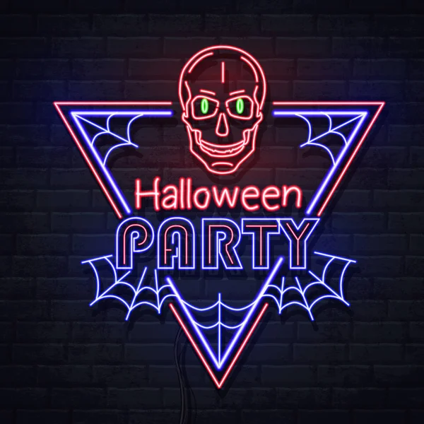 Neon teken Halloween Party met schedel en spinnenweb. Vintage elektrische uithangbord. — Stockvector