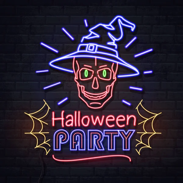 Neon znak Halloween party z czaszki i pajęczyna. Vintage elektryczne szyld. — Wektor stockowy