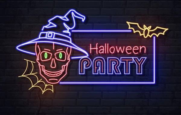 Neon znak Halloween party z czaszki i pajęczyna. Vintage elektryczne szyld. — Wektor stockowy