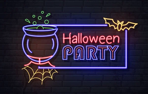 Neon-jel Halloween party a bográcsot és a bájitalt. Vintage elektromos jelzőtábla. — Stock Vector