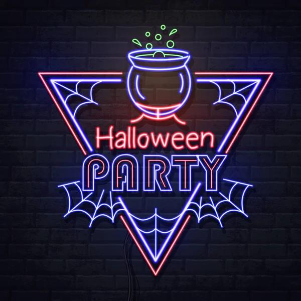Neonskylt Halloweenfest med kittel och dryck. Vintage elektrisk skylt. — Stock vektor
