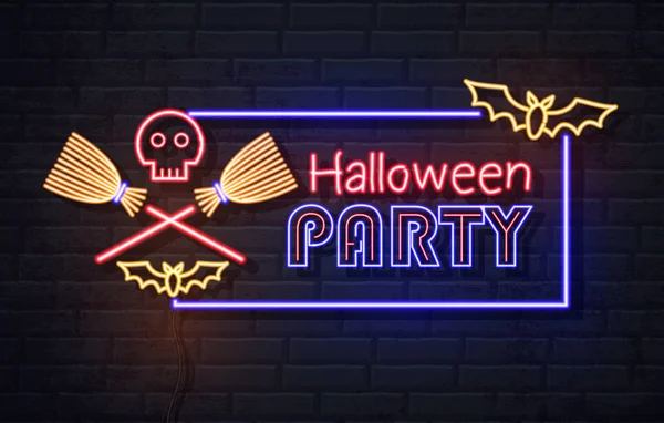 Neon teken Halloween Party met schedel en dewelke bezem. Vintage elektrische uithangbord. — Stockvector