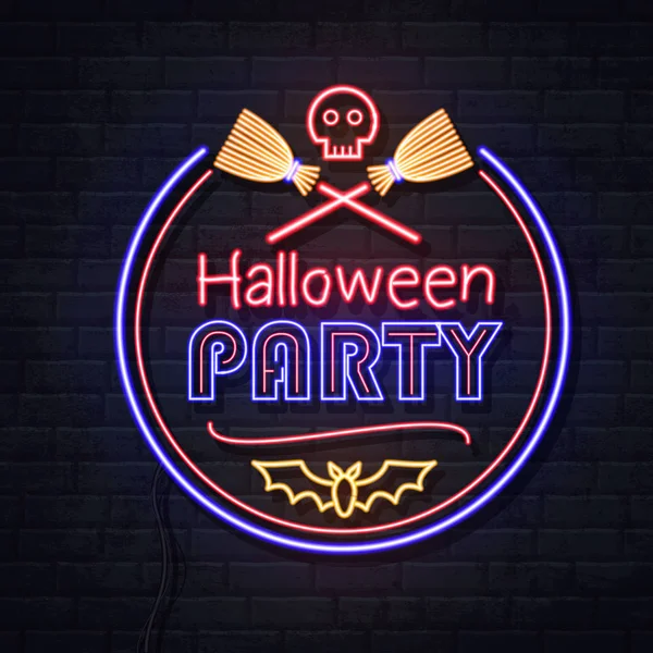 Neon sign halloween party with skull and wich broom. Vintage electric signboard. — Stock Vector