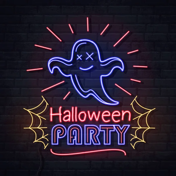 Neon znak Halloween party z Ghost i pajęczyna. Vintage elektryczne szyld. — Wektor stockowy