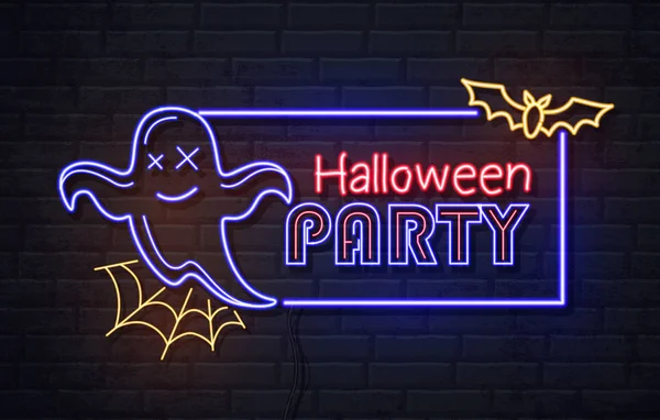 Neon znak Halloween party z Ghost i pajęczyna. Vintage elektryczne szyld. — Wektor stockowy