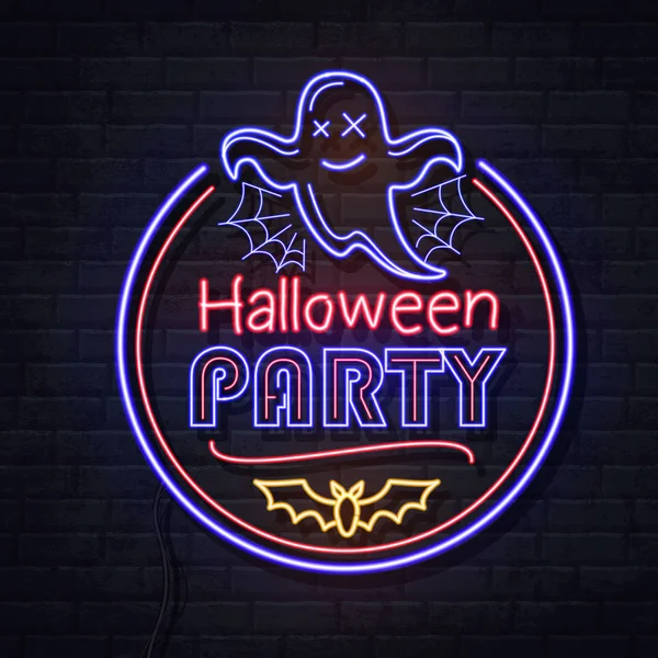 Neon teken Halloween Party met Ghost en Spider Web. Vintage elektrische uithangbord. — Stockvector