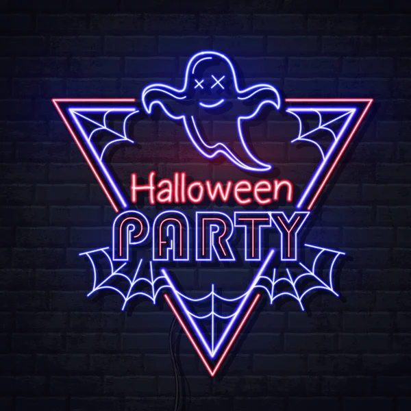 Neon sign halloween party with ghost and spider web. Vintage electric signboard. — Stock Vector