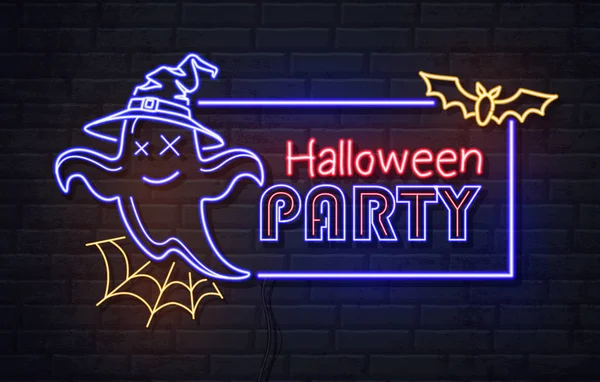 Neon teken Halloween Party met Ghost en Spider Web. Vintage elektrische uithangbord. — Stockvector