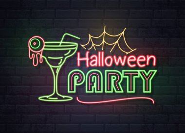 Kokteyl ve floresan örümcek ağıyla cadılar bayramı partisi. Klasik elektrikli tabela.