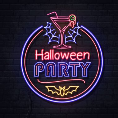 Kokteyl ve floresan örümcek ağıyla cadılar bayramı partisi. Klasik elektrikli tabela.