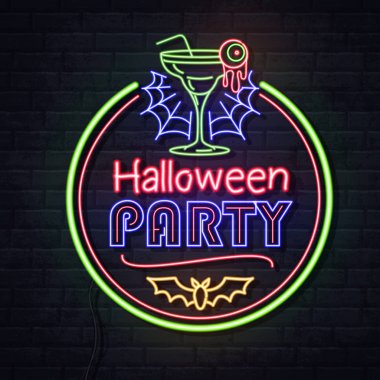 Kokteyl ve floresan örümcek ağıyla cadılar bayramı partisi. Klasik elektrikli tabela.