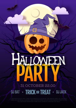 Jack o fener balkabağı ve dolunay ile Halloween disko parti afişi. Cadılar Bayramı arka plan