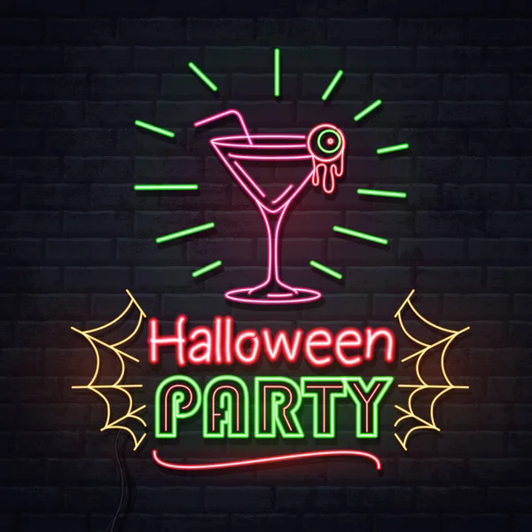 Neon teken Halloween Party met cocktail en fluorescerende spinnenweb. Vintage elektrische uithangbord. — Stockvector