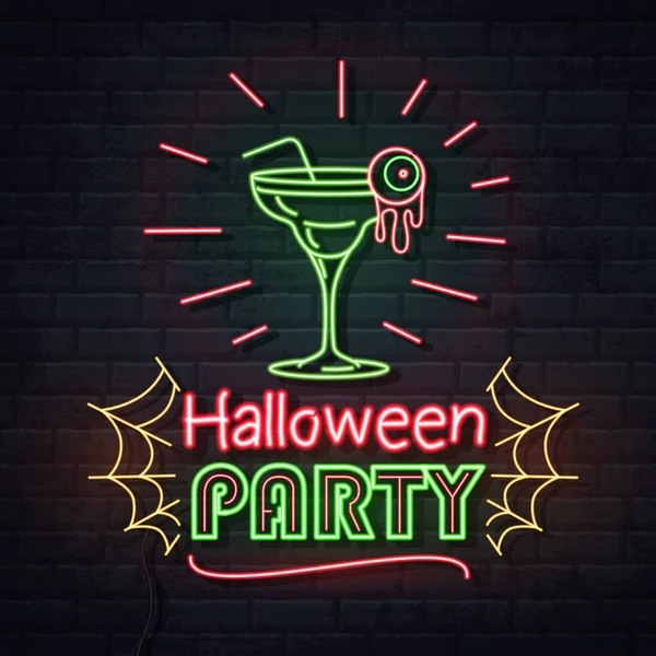 Señal de neón fiesta de halloween con cóctel y tela de araña fluorescente. Letrero eléctrico vintage . — Archivo Imágenes Vectoriales