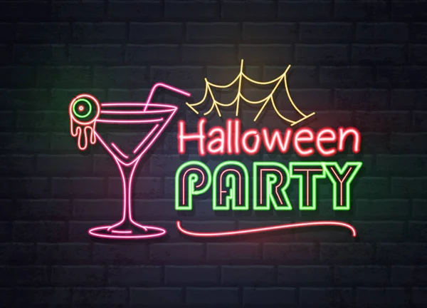 Señal de neón fiesta de halloween con cóctel y tela de araña fluorescente. Letrero eléctrico vintage . — Archivo Imágenes Vectoriales