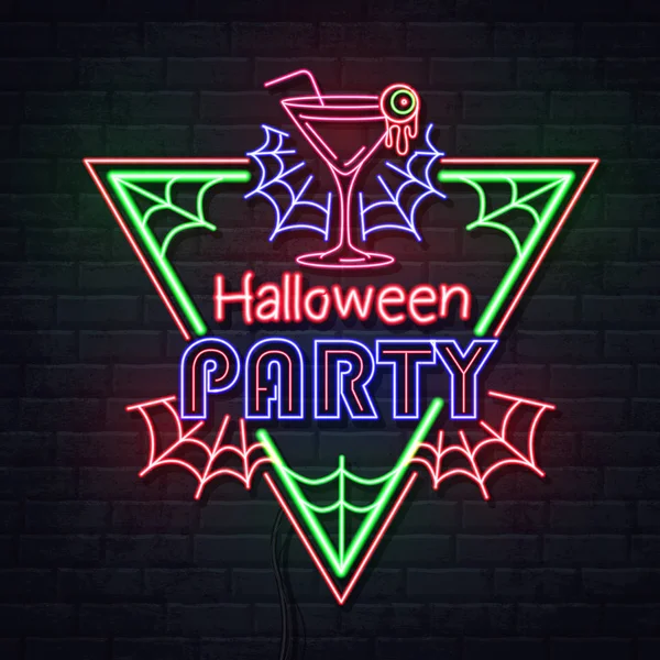 Neon sign halloween party with cocktail and fluorescent spider web. Vintage electric signboard. — Stock Vector