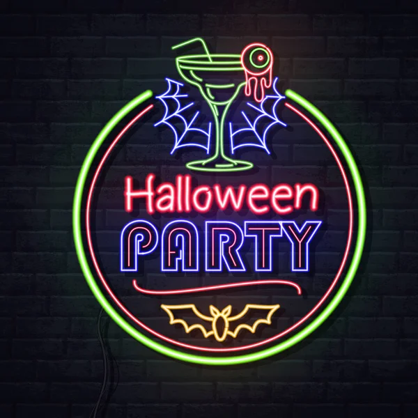 Neon znak Halloween party z koktajlem i fluorescencyjna pajęczyna. Vintage elektryczne szyld. — Wektor stockowy