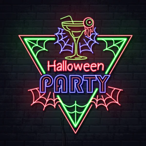 Neon teken Halloween Party met cocktail en fluorescerende spinnenweb. Vintage elektrische uithangbord. — Stockvector