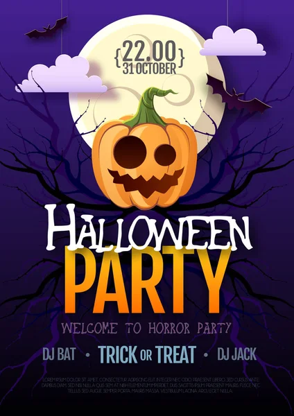 Halloween disco party poster with jack o lantern pumpkin and full moon. Halloween background — Stock Vector