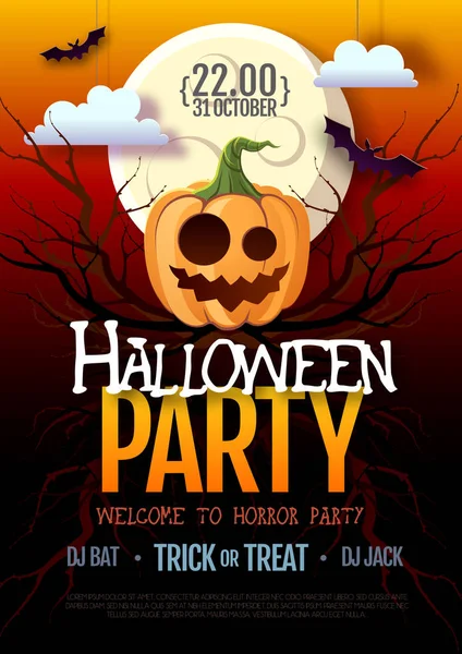 Halloween Disco Party poster met Jack o lantern pompoen en volle maan. Halloween achtergrond — Stockvector
