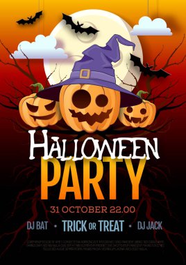 Jack o fener balkabağı ve dolunay ile Halloween disko parti afişi. Cadılar Bayramı arka plan
